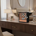6 Watch Winder Piano Black Wood with Brown Leather and Storage Drawer Tower Series by Aevitas