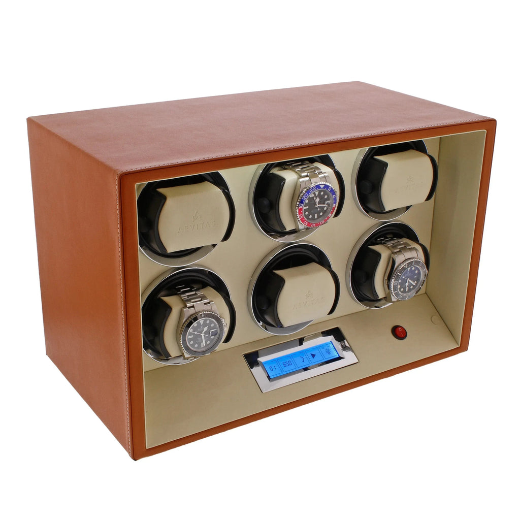 6 Watch Winder Safe Module Brown Smooth Leather Finish by Aevitas