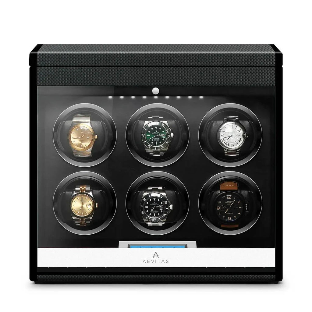 6 Watch Winder in Carbon Fibre with Extra Storage Area by Aevitas