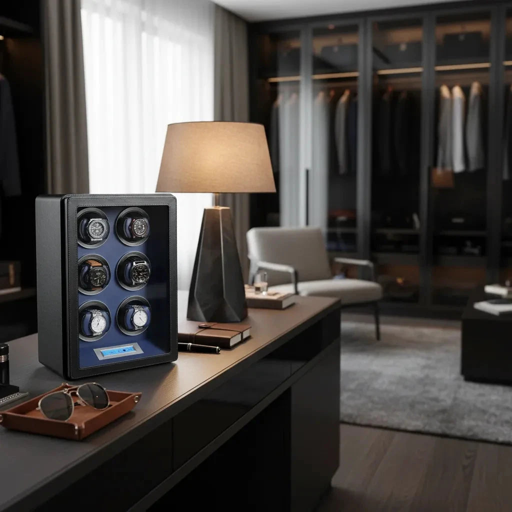 6 Watch Winder in Smooth Black and Blue Leather Finish by Aevitas UK