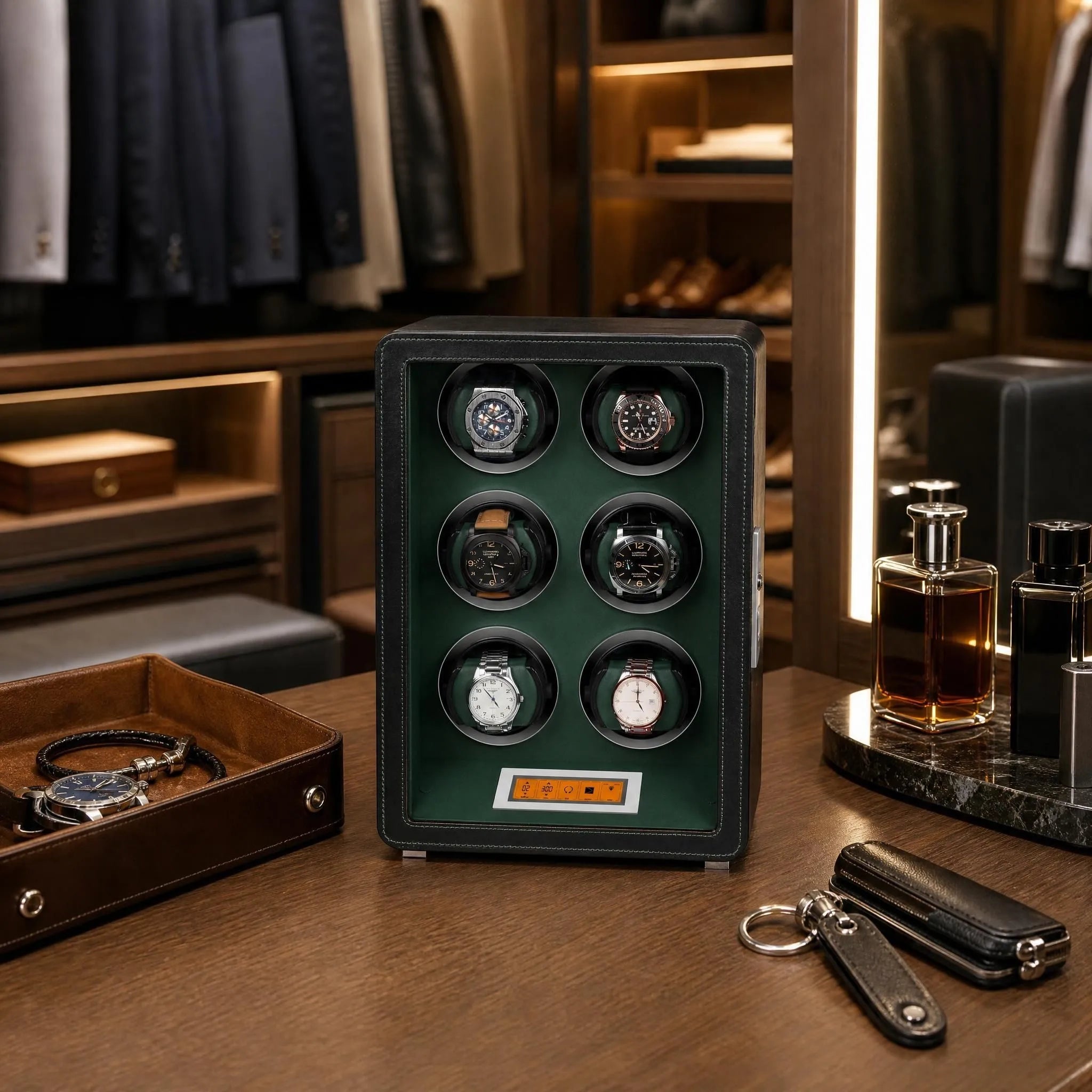 Close-up of a black and green leather watch winder in a luxury walk-in dressing room with elegant watches and mirrors.