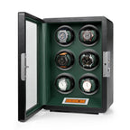Aevitas 6-watch winder in black leather with green interior, glass door, and digital touchscreen control panel.