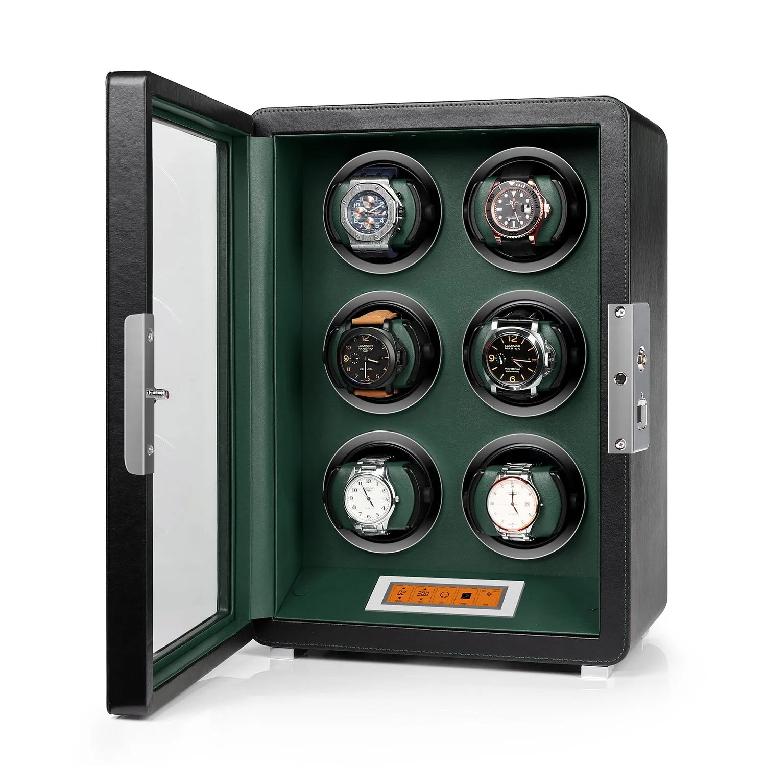 Aevitas 6-watch winder in black leather with green interior, glass door, and digital touchscreen control panel.