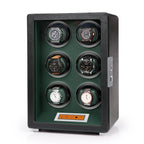 Aevitas 6-watch winder in black vegan leather with green interior, featuring a touchscreen display and silver accents.