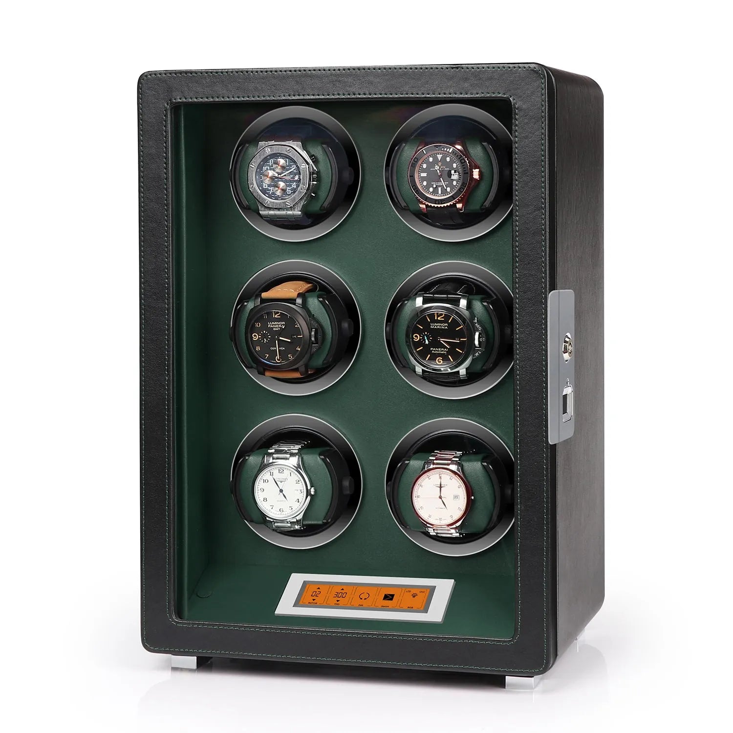 Aevitas 6-watch winder in black vegan leather with green interior, featuring a touchscreen display and silver accents.
