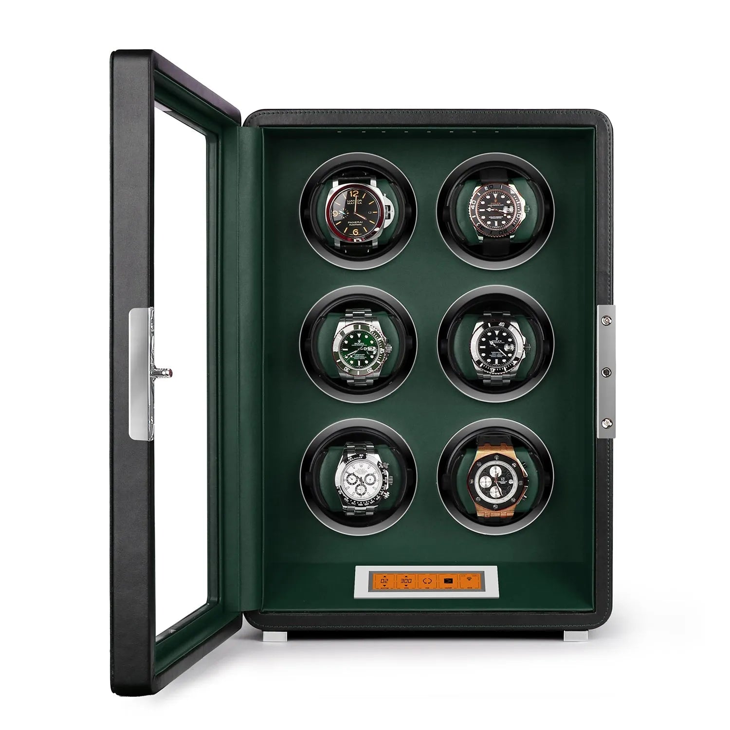 Aevitas 6-watch winder in black vegan leather with green interior, glass door, and digital touchscreen control panel.