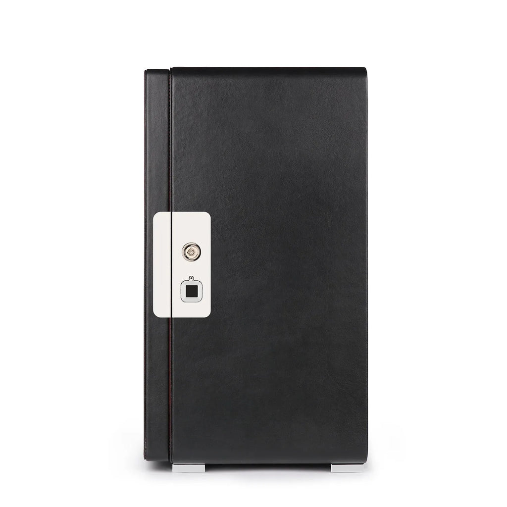 Aevitas 6 watch winder in smooth black leather with a silver fingerprint lock and key mechanism.