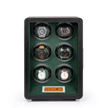 Aevitas 6-watch winder in black vegan leather with green interior, featuring a digital touchscreen and silver accents.