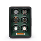 Aevitas 6-watch winder in black vegan leather with green interior, featuring a digital touchscreen and silver accents.