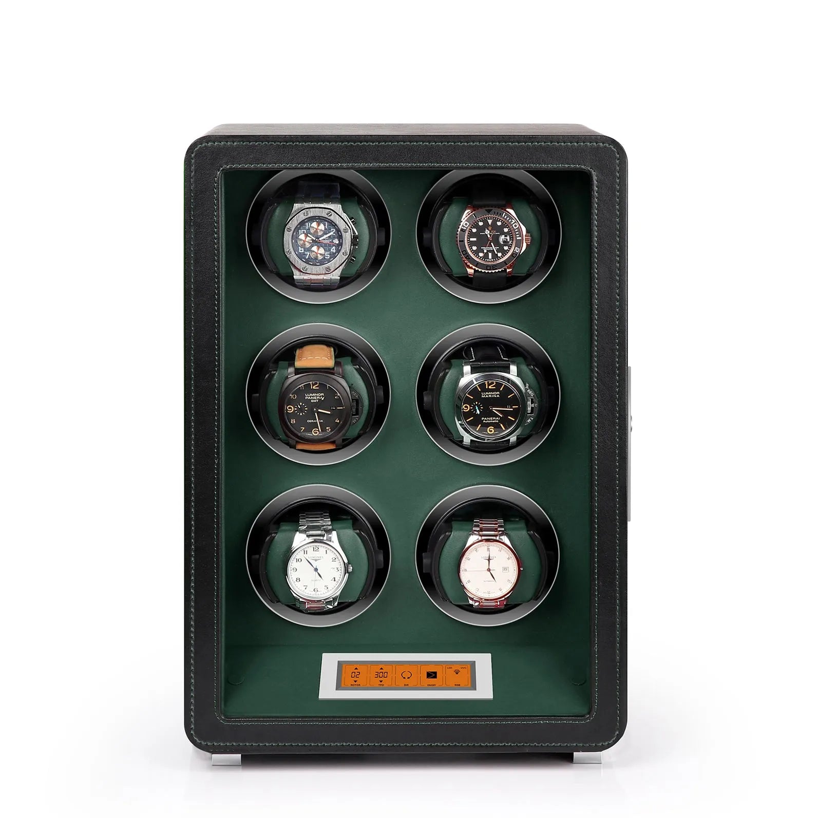 Aevitas 6-watch winder in black vegan leather with green interior, featuring a digital touchscreen and silver accents.
