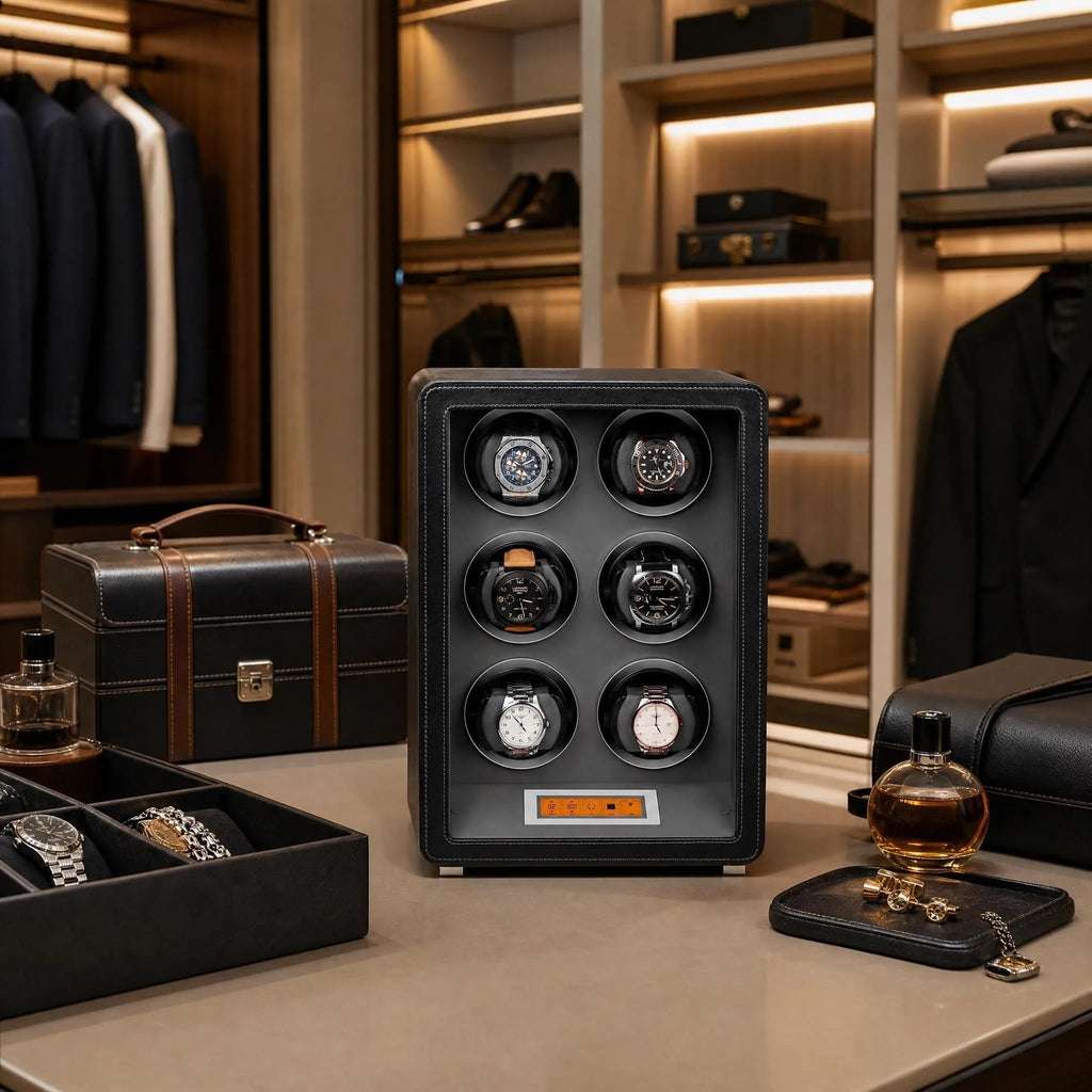 Full view of premium 6 watch winder on dressing room shelf surrounded by luxury accessories, highlighting its modern design and craftsmanship in a bright, sophisticated setting.