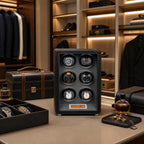 Full view of premium 6 watch winder on dressing room shelf surrounded by luxury accessories, highlighting its modern design and craftsmanship in a bright, sophisticated setting.
