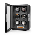 Aevitas 6-watch winder in black leather with grey interior, glass door, and digital touchscreen control panel.