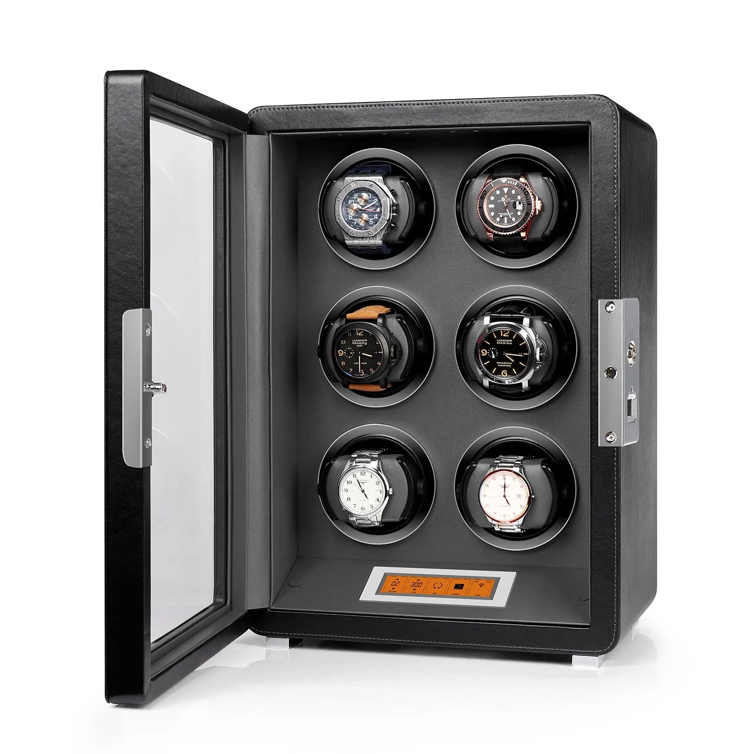 Aevitas 6-watch winder in black leather with grey interior, glass door, and digital touchscreen control panel.