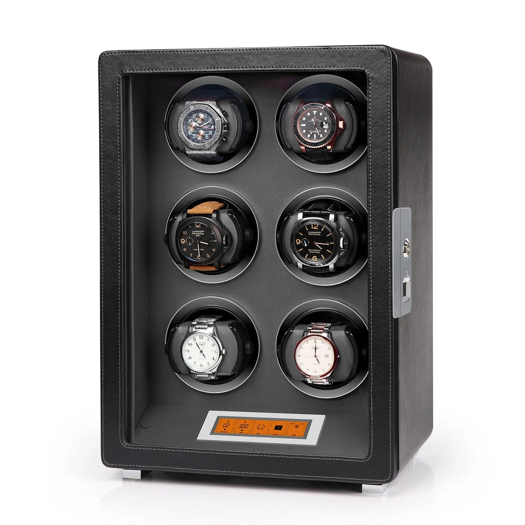 Aevitas 6-watch winder in black leather with grey interior, touchscreen controls, and silver satin-finished accents.