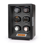 Aevitas 6-watch winder in black leather with grey interior, touchscreen controls, and silver satin-finished accents.