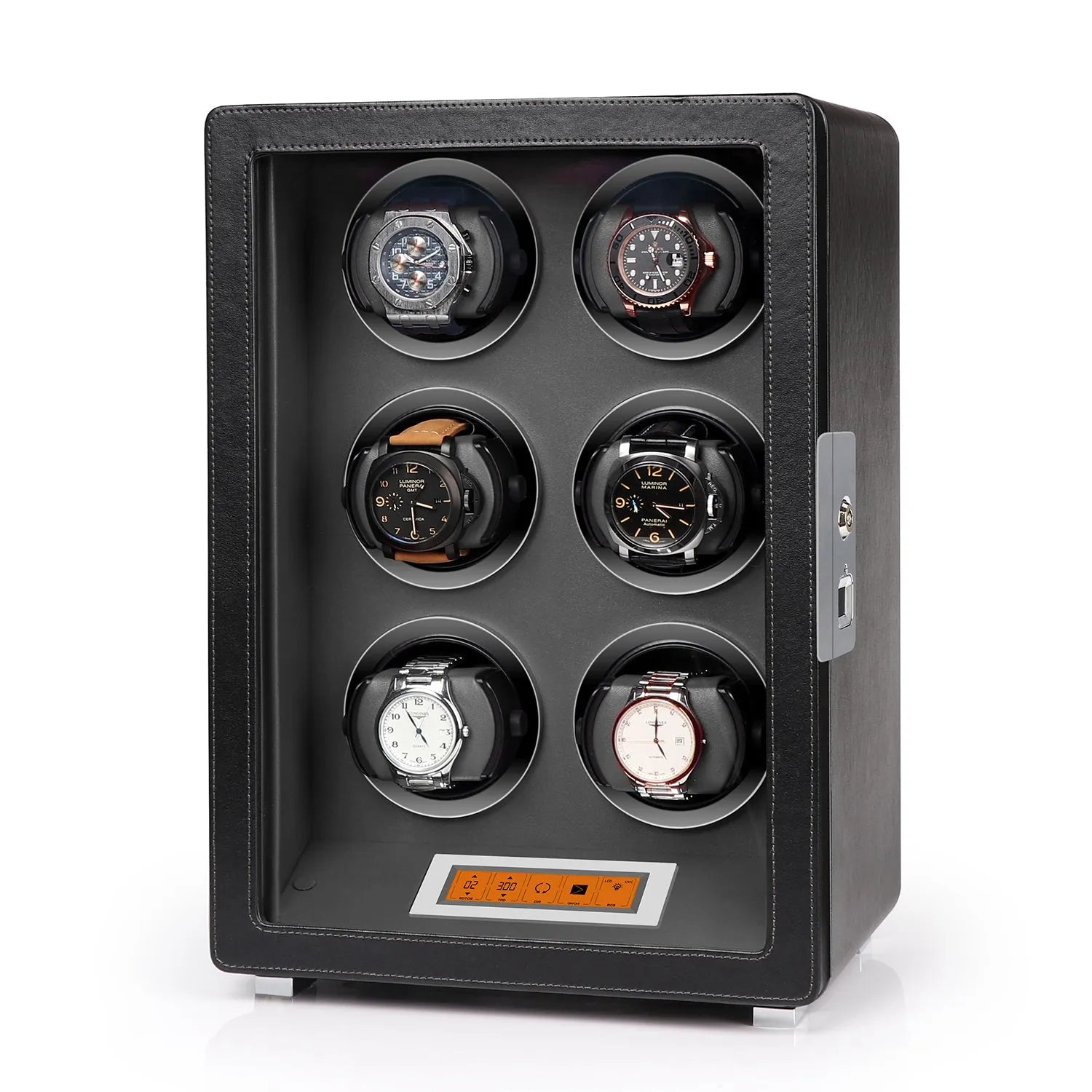Aevitas 6-watch winder in black leather with grey interior, touchscreen controls, and silver satin-finished accents.