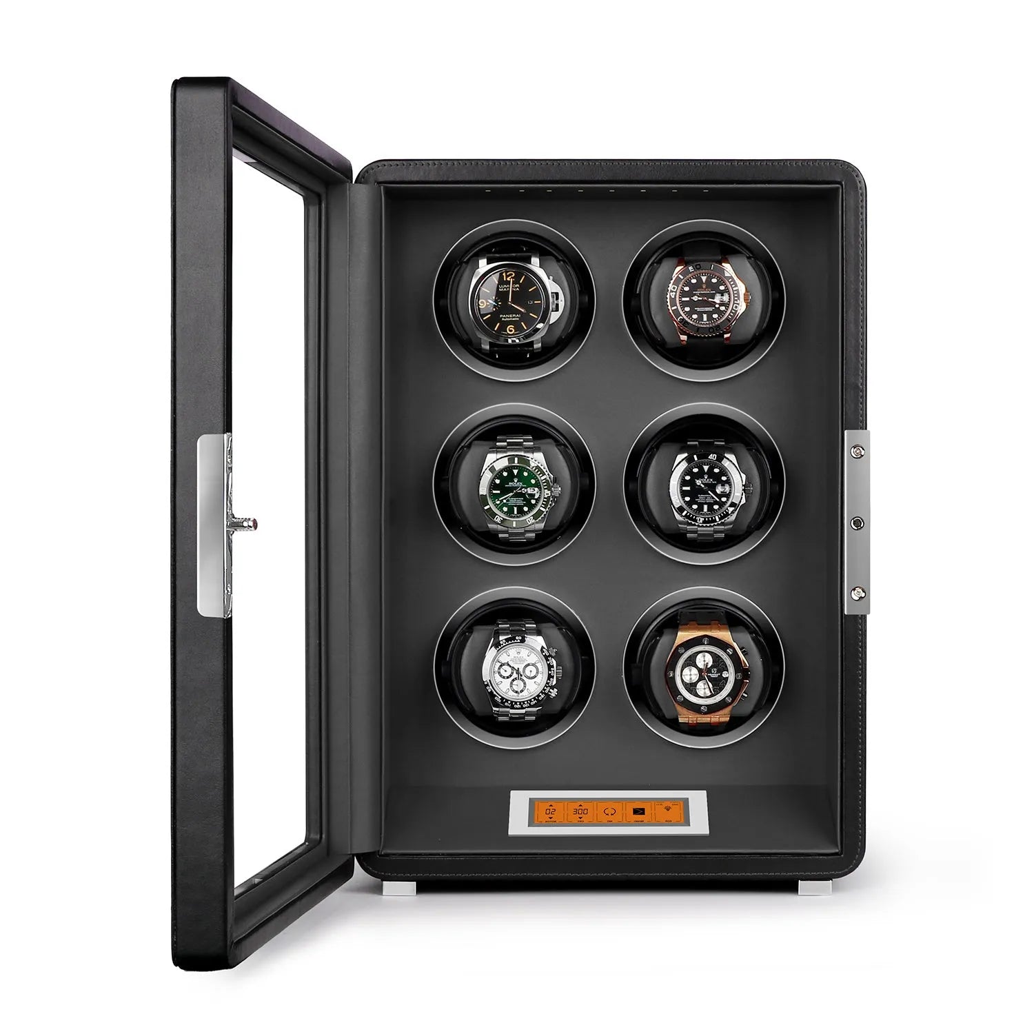 Aevitas 6-watch winder in black leather with grey lining, glass door, and digital touchscreen control panel.
