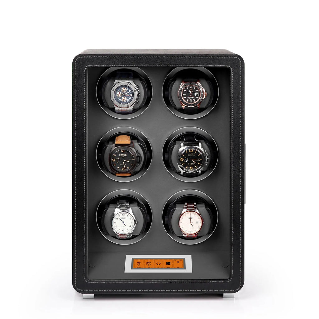 Aevitas 6-watch winder in black leather with grey interior and touchscreen control panel on a white background.