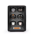 Aevitas 6-watch winder in black leather with grey interior and touchscreen control panel on a white background.