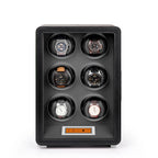Aevitas 6-watch winder in black leather with grey interior and touchscreen control panel on a white background.