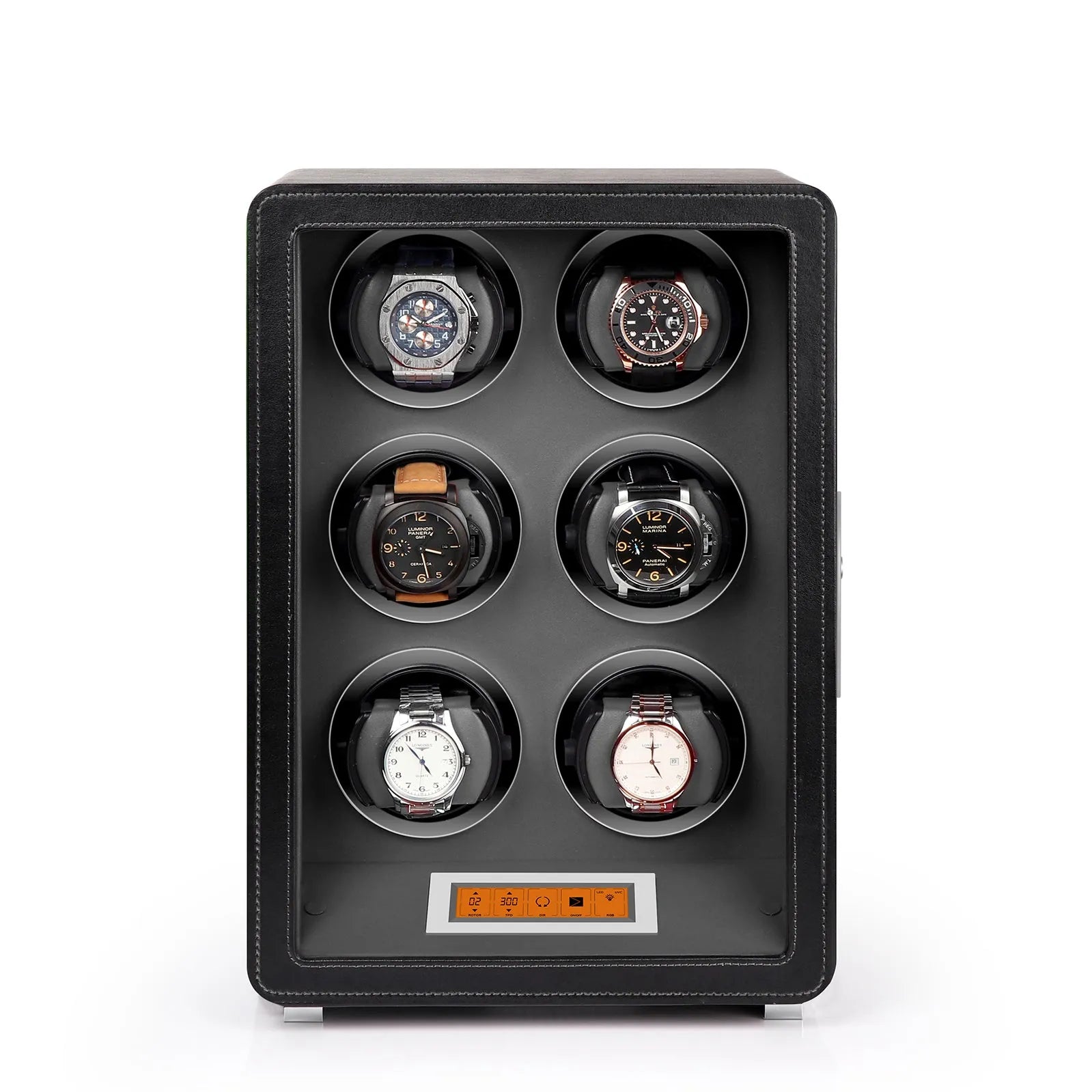 Aevitas 6-watch winder in black leather with grey interior and touchscreen control panel on a white background.