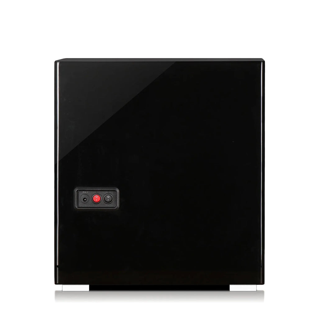 Rear view of a sleek, glossy piano black wood finish 6 watch winder with power input and switch.