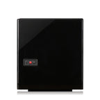 Rear view of a sleek, glossy piano black wood finish 6 watch winder with power input and switch.