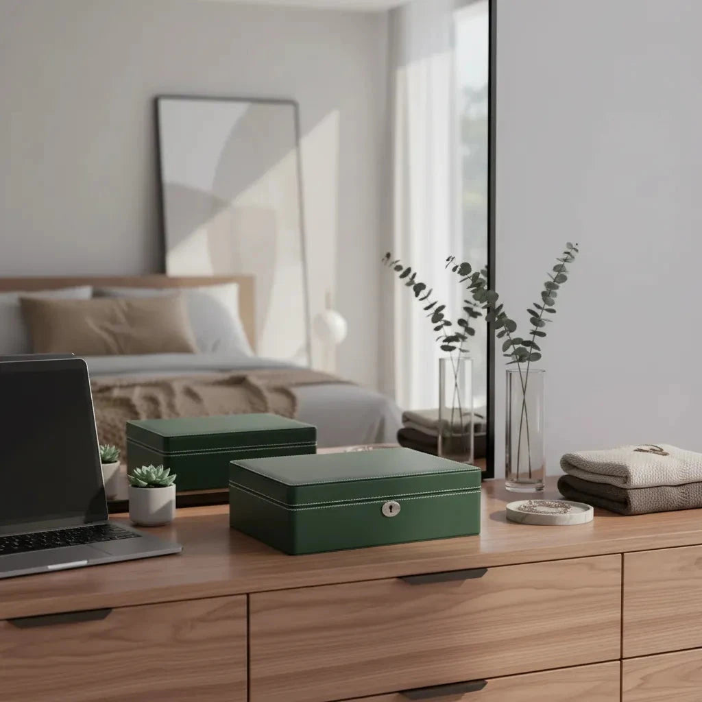 8 Watch Box in Green Leather Finish Fine Quality by Aevitas