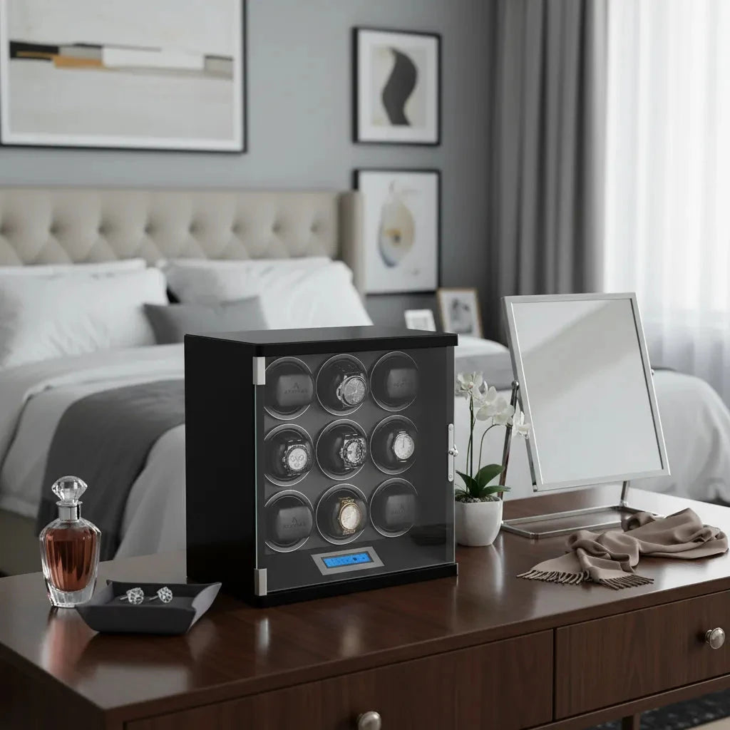 9 Watch Winder Piano Black Wood Finish the Tower Series by Aevitas
