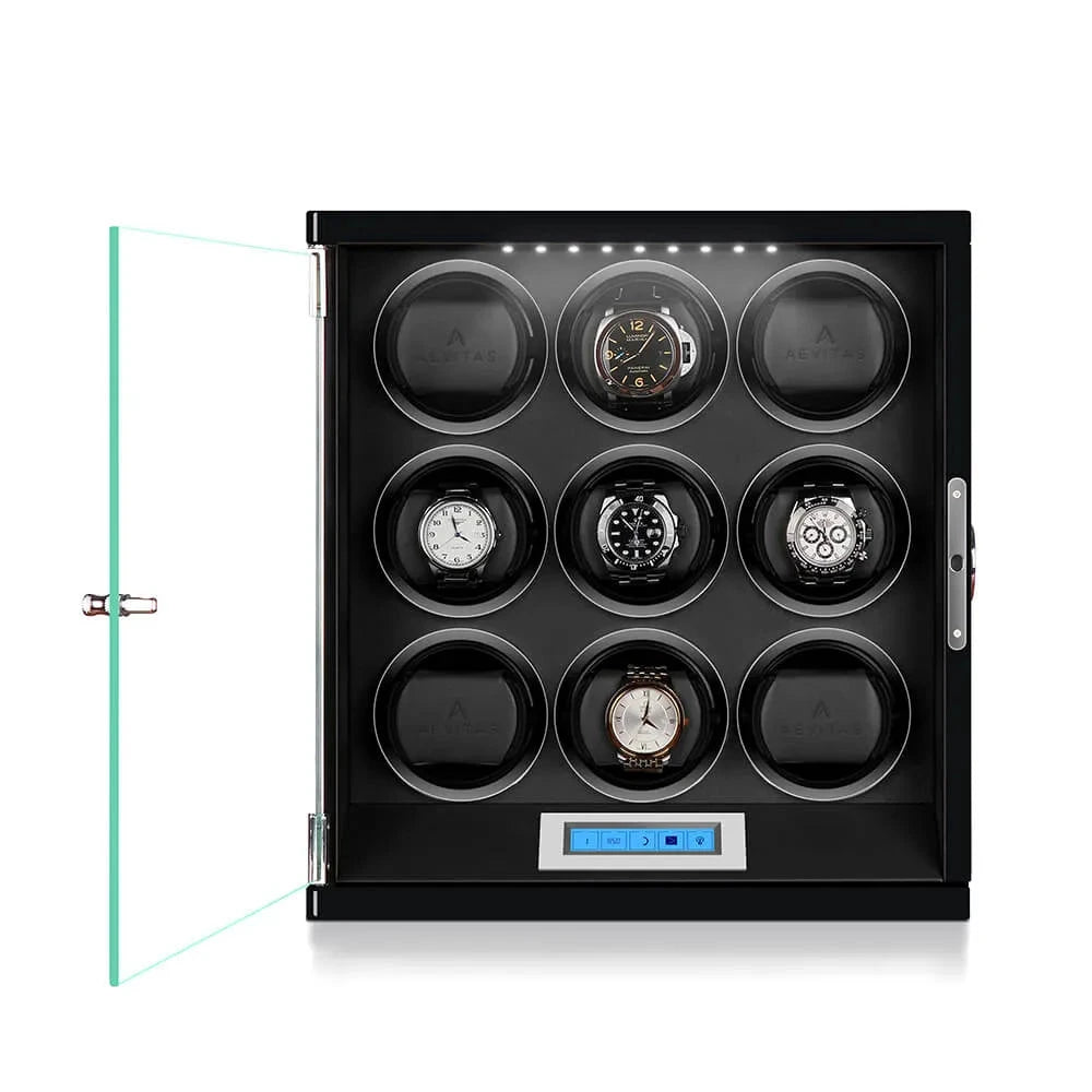 9 Watch Winder Piano Black Wood Finish the Tower Series by Aevitas