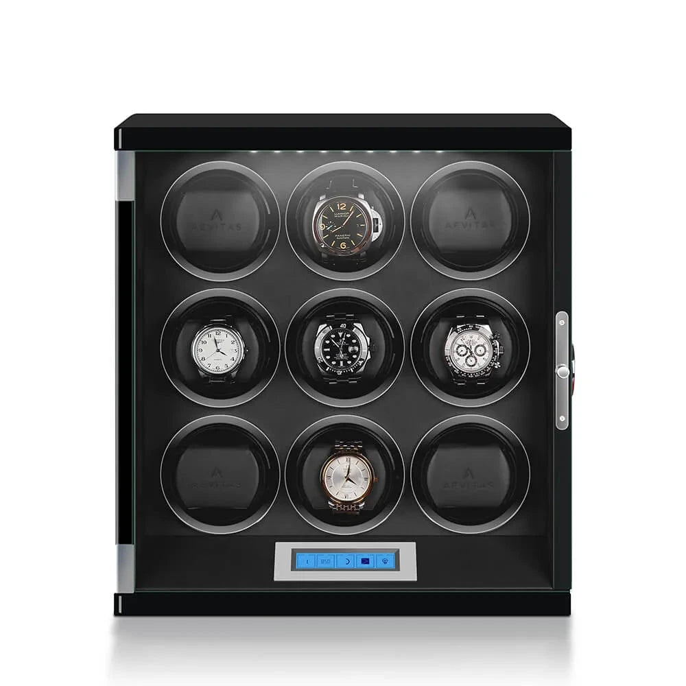 9 Watch Winder Piano Black Wood Finish the Tower Series by Aevitas