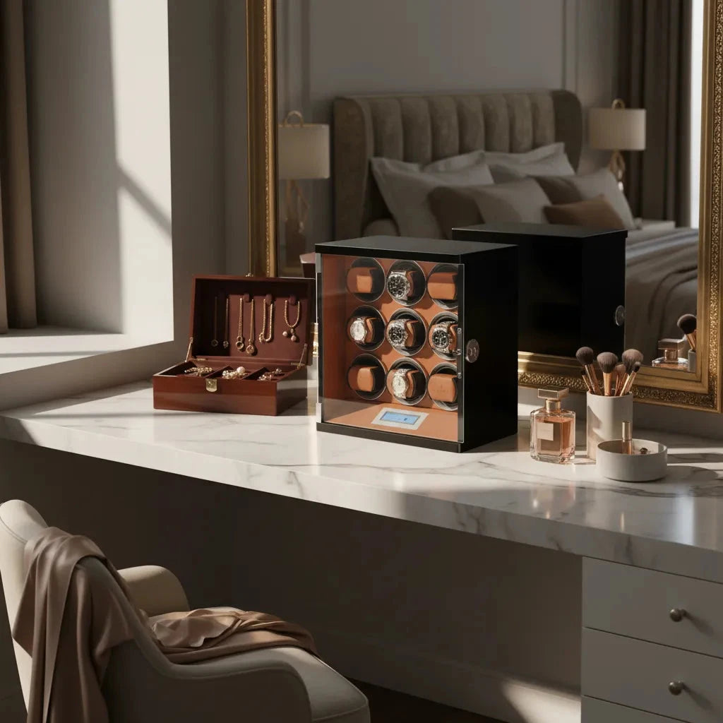 9 Watch Winder Piano Black with Brown the Tower Series by Aevitas