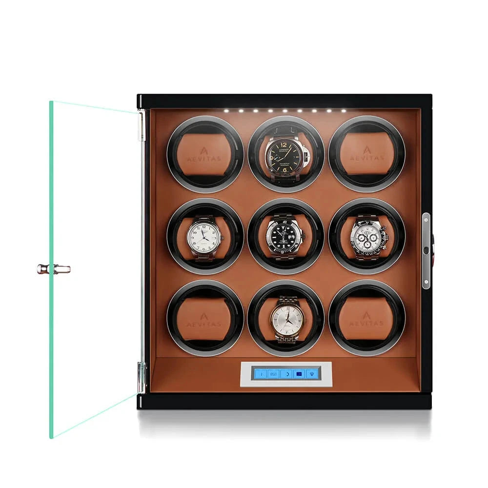 9 Watch Winder Piano Black with Brown the Tower Series by Aevitas