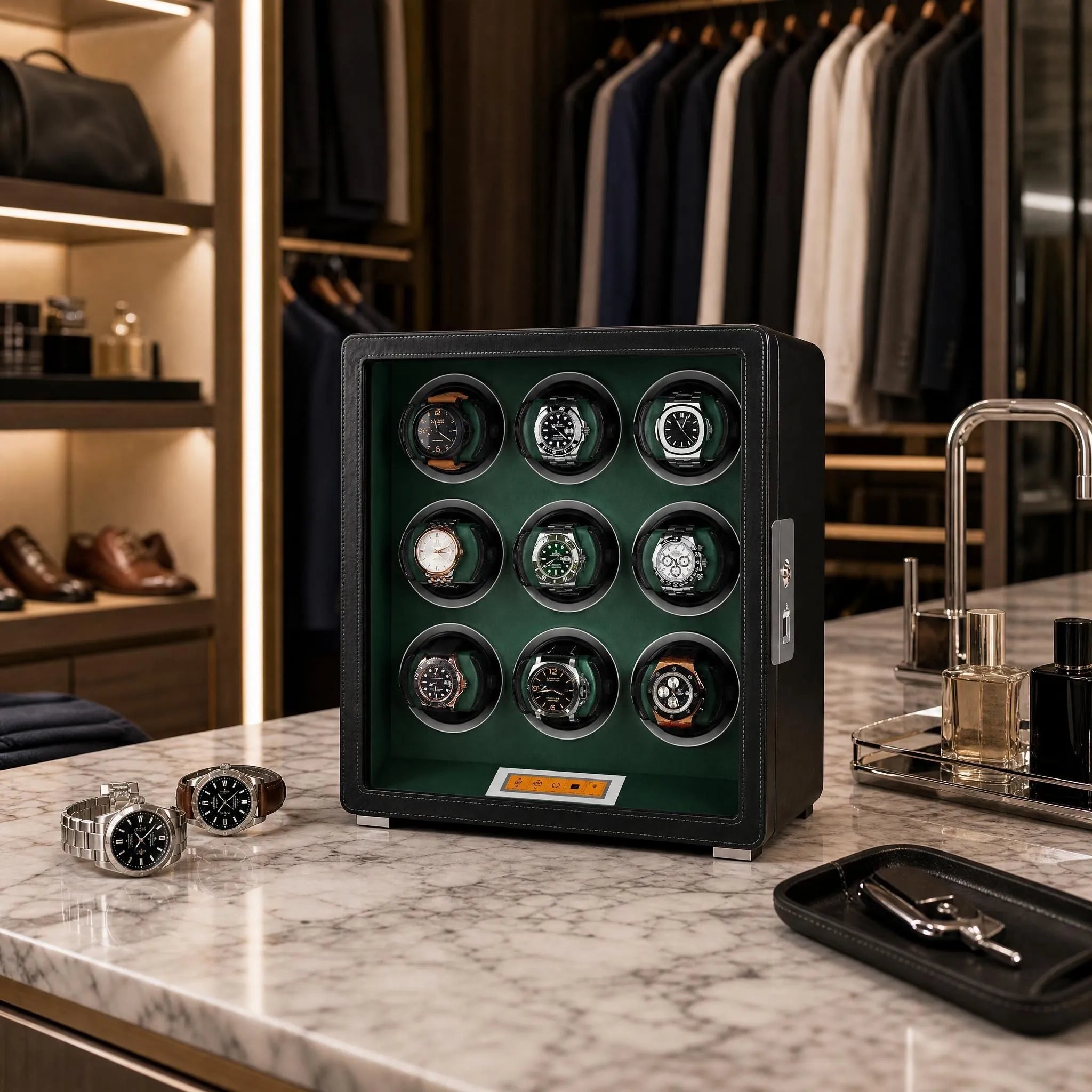 Elegant 9 Watch Winder with black leatherette exterior and green interior on marble countertop, highlighting premium features and nearby watches for scale.