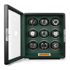 Aevitas 9-watch winder in smooth black leather with a green interior, featuring a touchscreen and glass display door.