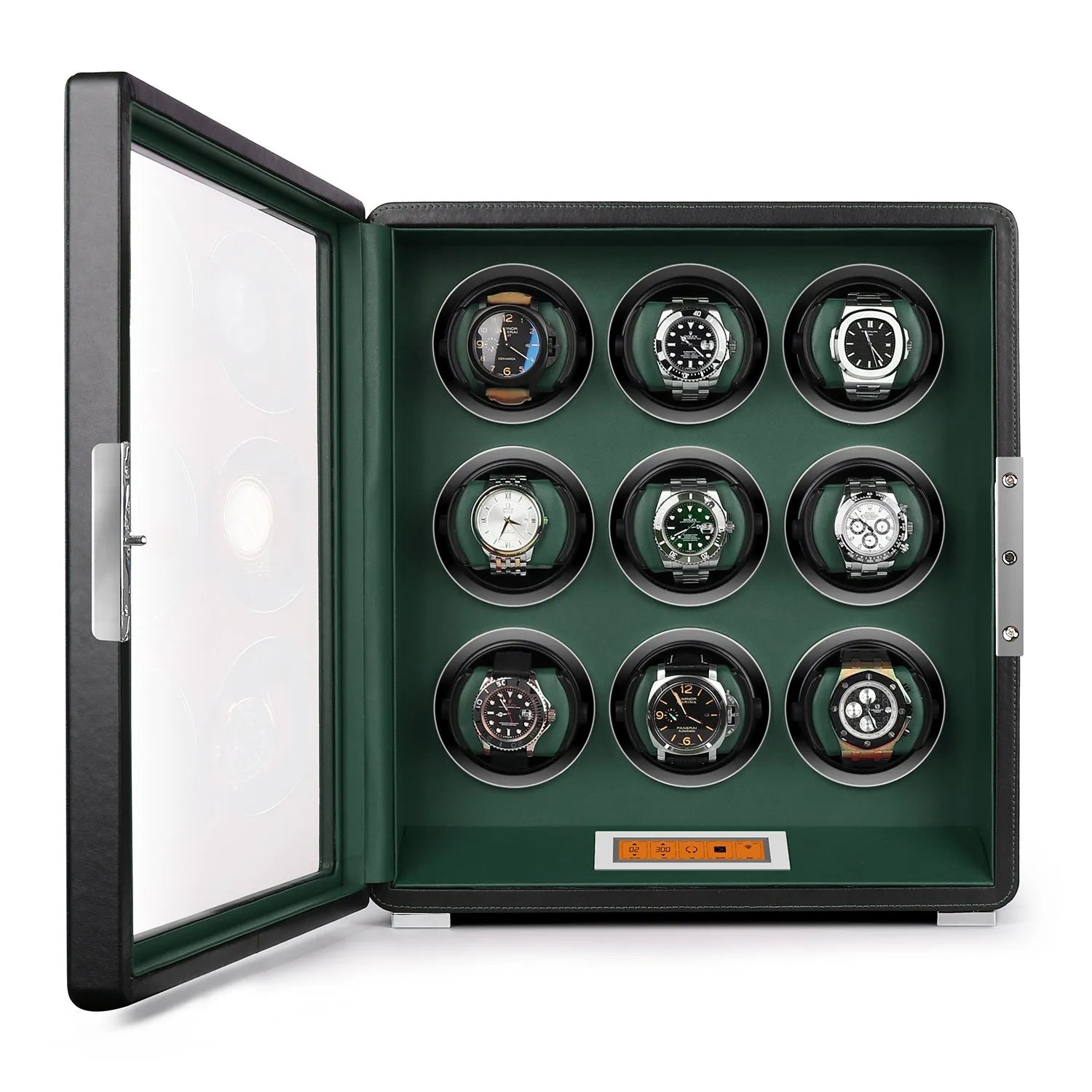 Aevitas 9-watch winder in smooth black leather with a green interior, featuring a touchscreen and glass display door.