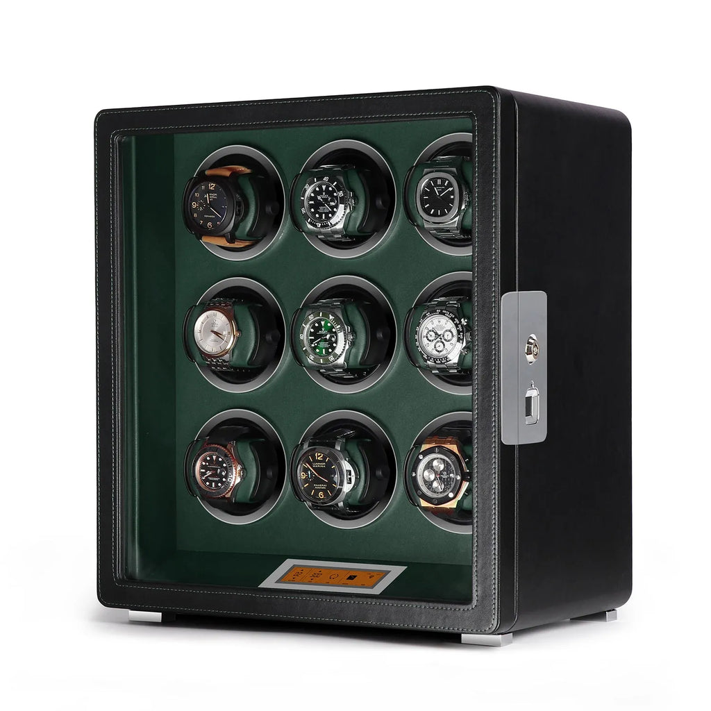 Aevitas 9-watch winder in smooth black leather with a green interior, touchscreen controls, and silver satin hardware.