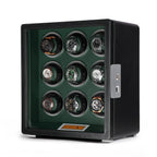 Aevitas 9-watch winder in smooth black leather with a green interior, touchscreen controls, and silver satin hardware.