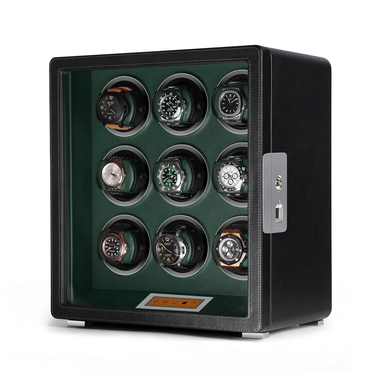 Aevitas 9-watch winder in smooth black leather with a green interior, touchscreen controls, and silver satin hardware.
