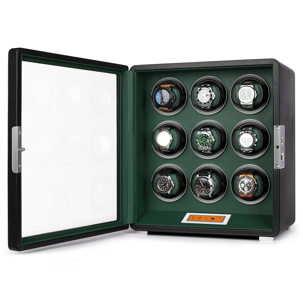 Aevitas 9-watch winder in smooth black leather with a green interior, featuring a touchscreen and silver satin accents.
