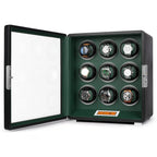 Aevitas 9-watch winder in smooth black leather with a green interior, featuring a touchscreen and silver satin accents.