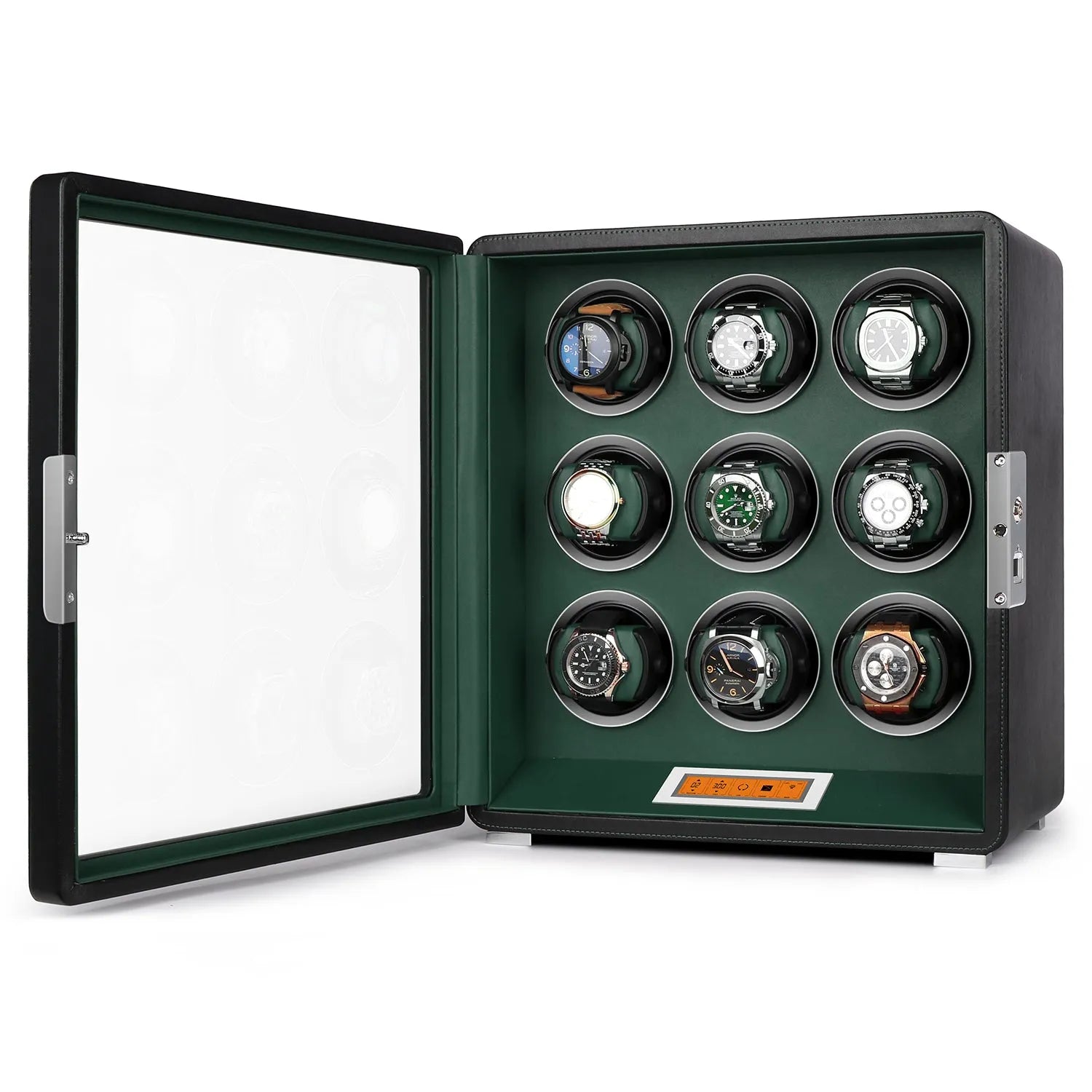Aevitas 9-watch winder in smooth black leather with a green interior, featuring a touchscreen and silver satin accents.