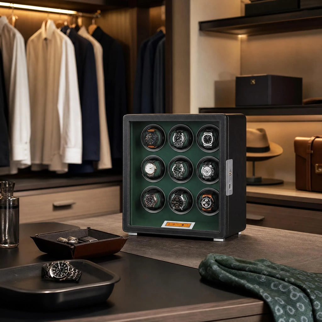 High-end 9 Watch Winder in black leatherette with green interior in a modern dressing room scene, showcasing sleek design and textured wooden shelves.