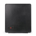 Back view of a black leatherette 9-watch winder featuring a power switch and input port on a smooth, premium finish case.