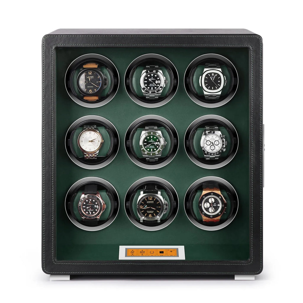 Aevitas 9-watch winder in smooth black leather with a green interior, featuring a digital touchscreen and silver accents.