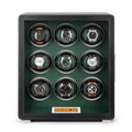 Aevitas 9-watch winder in smooth black leather with a green interior, featuring a digital touchscreen and silver accents.