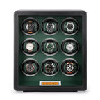 Aevitas 9-watch winder in smooth black leather with a green interior, featuring a digital touchscreen and silver accents.