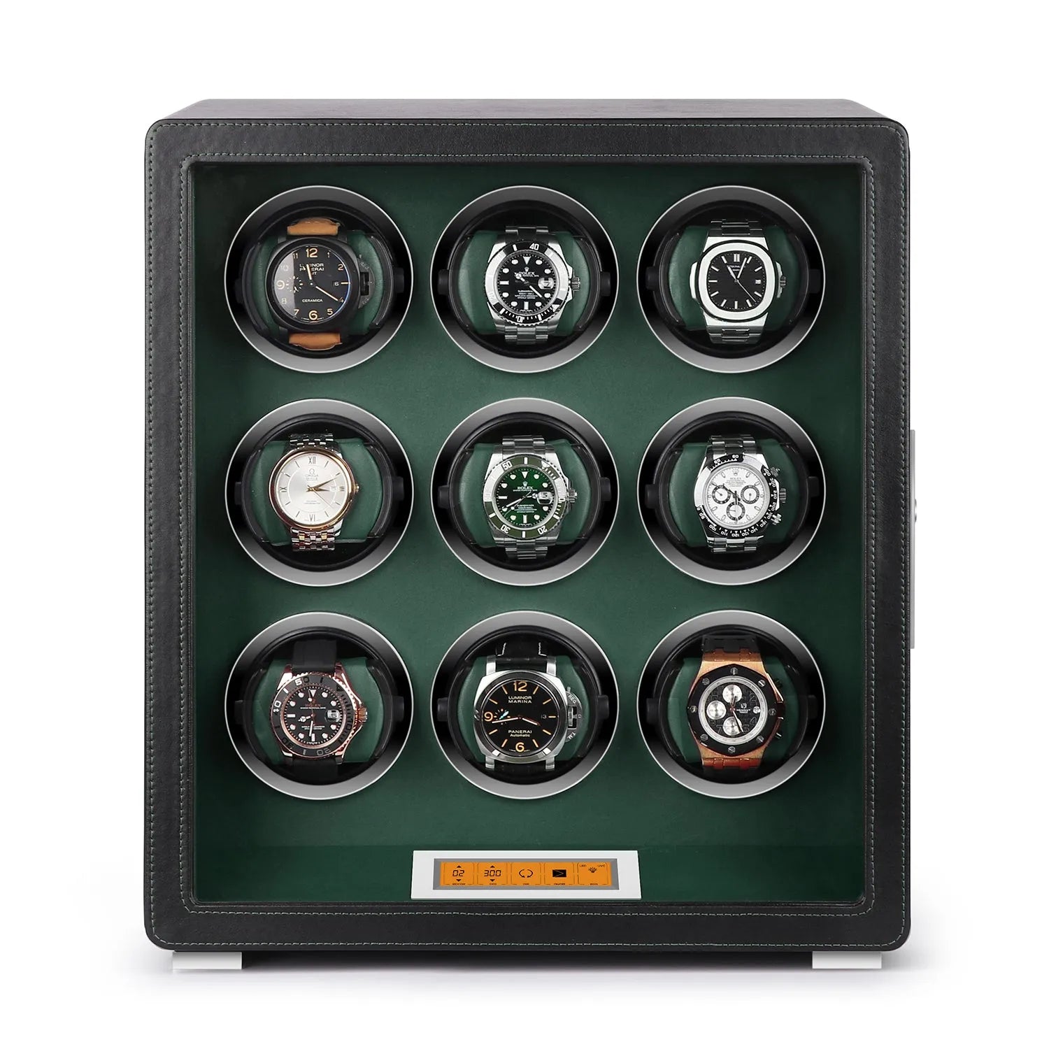 Aevitas 9-watch winder in smooth black leather with a green interior, featuring a digital touchscreen and silver accents.