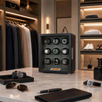 Centered view of black leather 9 watch winder with green interior, surrounded by watches and accessories in a vibrant luxurious dressing room.